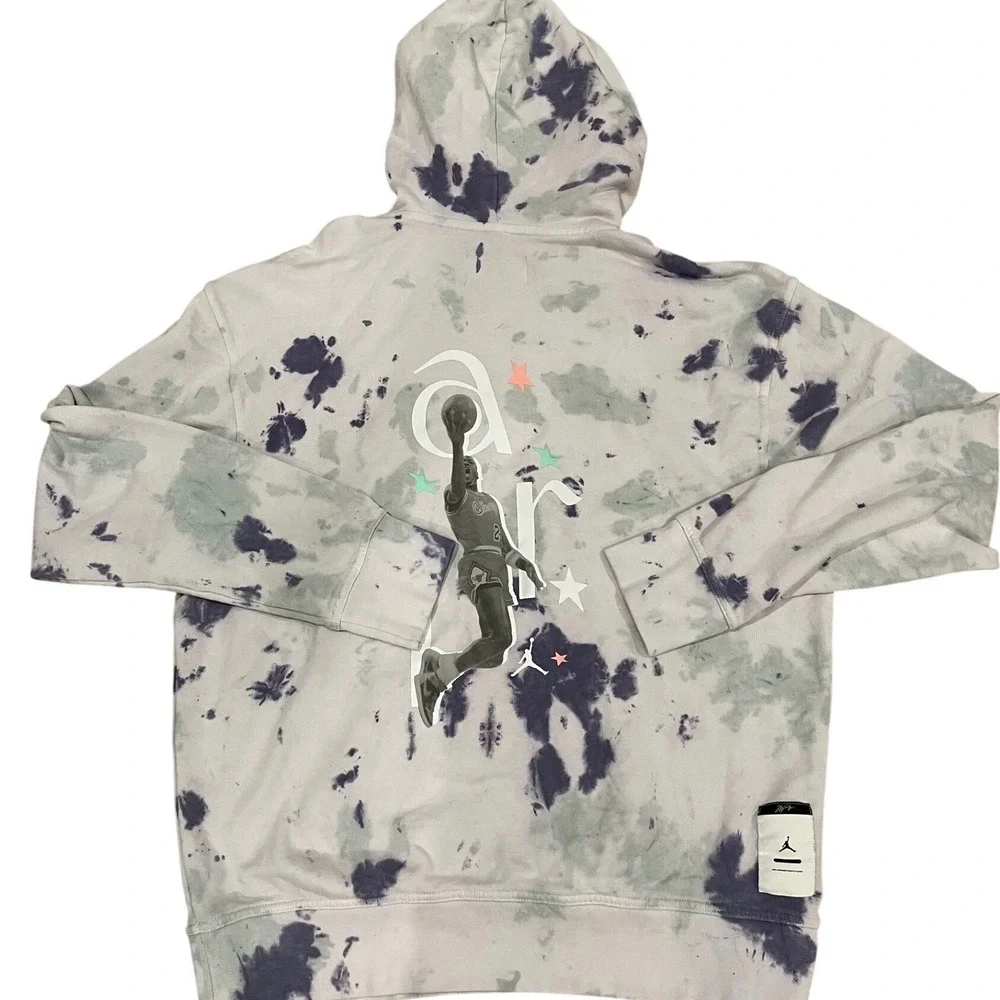 Jordan AJ Tie Dye Hoodie Mens Large Grey Navy White Fleece Pullover Jumpman Logo